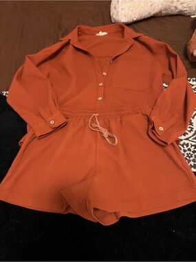 Listicle Rust Orange Button-Down Waffle Knit Top/shorts (set)